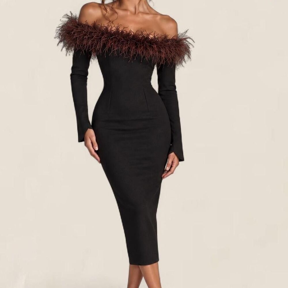 Mew Mews Black Feather Trim Maxi Dress Gown Medium Formal Cocktail Old Hollywood